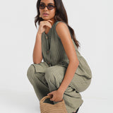 Khaki Stripe Wide Leg Trousers
