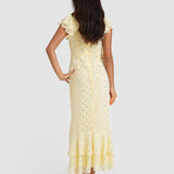 Lemon Flutter Sleeve Foil Midaxi Dress