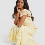 Lemon Flutter Sleeve Foil Midaxi Dress