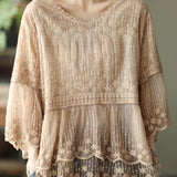Loose Khaki O-Neck Embroideried Patchwork Summer Shirts Half Sleeve
