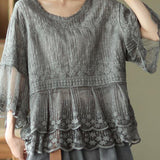 Loose Khaki O-Neck Embroideried Patchwork Summer Shirts Half Sleeve