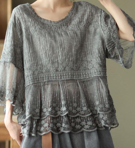 Loose Khaki O-Neck Embroideried Patchwork Summer Shirts Half Sleeve