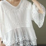 Loose Khaki O-Neck Embroideried Patchwork Summer Shirts Half Sleeve