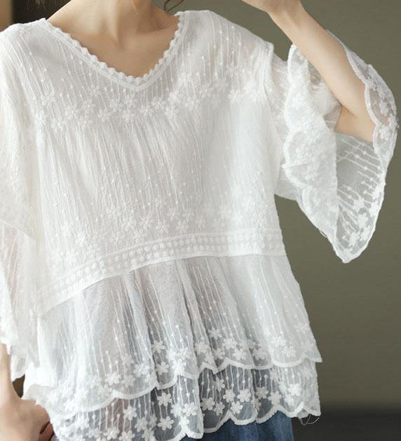 Loose Khaki O-Neck Embroideried Patchwork Summer Shirts Half Sleeve