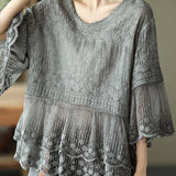 Loose Khaki O-Neck Embroideried Patchwork Summer Shirts Half Sleeve