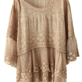 Loose Khaki O-Neck Embroideried Patchwork Summer Shirts Half Sleeve