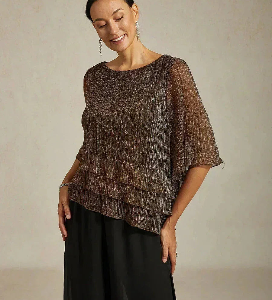 Metallic Pleated Chiffon Asymmetrical Layered Blouse