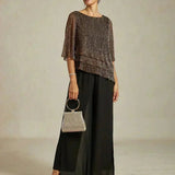 Metallic Pleated Chiffon Asymmetrical Layered Blouse