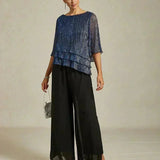 Metallic Pleated Chiffon Asymmetrical Layered Blouse