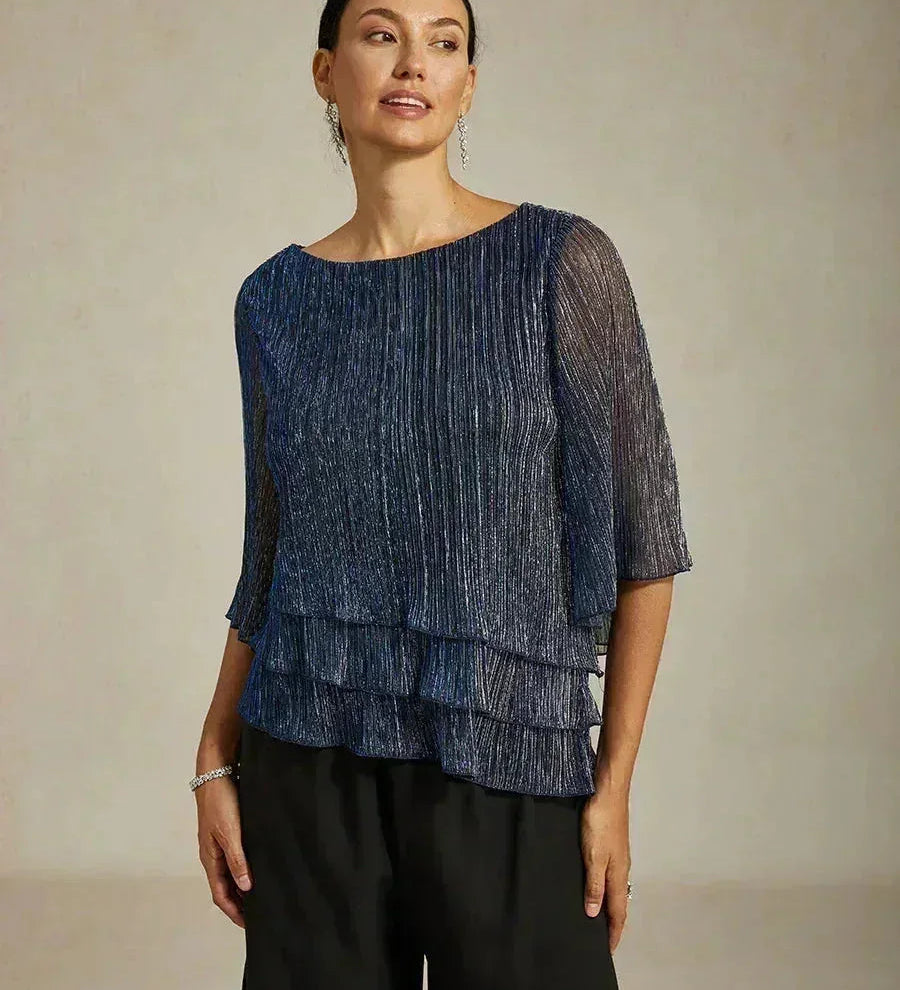 Metallic Pleated Chiffon Asymmetrical Layered Blouse