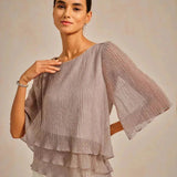 Metallic Pleated Chiffon Asymmetrical Layered Blouse