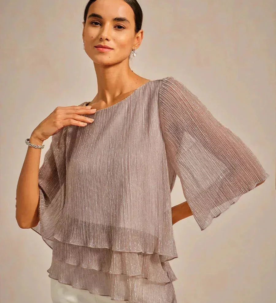 Metallic Pleated Chiffon Asymmetrical Layered Blouse