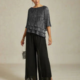Metallic Pleated Chiffon Asymmetrical Layered Blouse