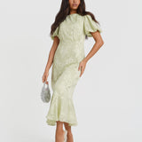 Green Jacquard Puff Sleeve Midi Dress