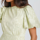 Green Jacquard Puff Sleeve Midi Dress