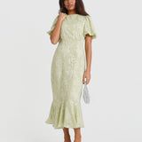 Green Jacquard Puff Sleeve Midi Dress