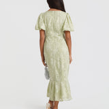 Green Jacquard Puff Sleeve Midi Dress