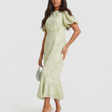 Green Jacquard Puff Sleeve Midi Dress