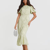 Green Jacquard Puff Sleeve Midi Dress