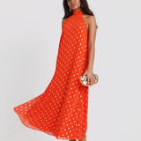 Orange Foil Halter Midaxi Dress