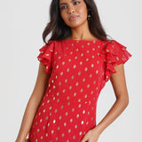 Red Flutter Sleeve Foil Midaxi Dress