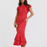 Red Flutter Sleeve Foil Midaxi Dress