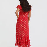 Red Flutter Sleeve Foil Midaxi Dress