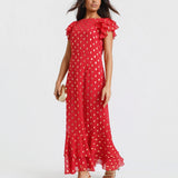 Red Flutter Sleeve Foil Midaxi Dress