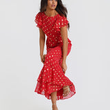 Red Flutter Sleeve Foil Midaxi Dress