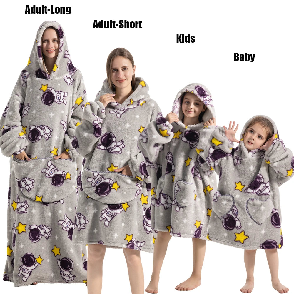 Winter Extra Long Hoodies for Women Homewear Adult Cartoon Sweatshirt Big Pocket Pullover Soft Cosy Wearable Oversized Blankets