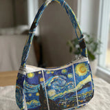 Trendy The Starry Night Print Shoulder Bag, Corduroy Underarm Bag for Daily Casual Use