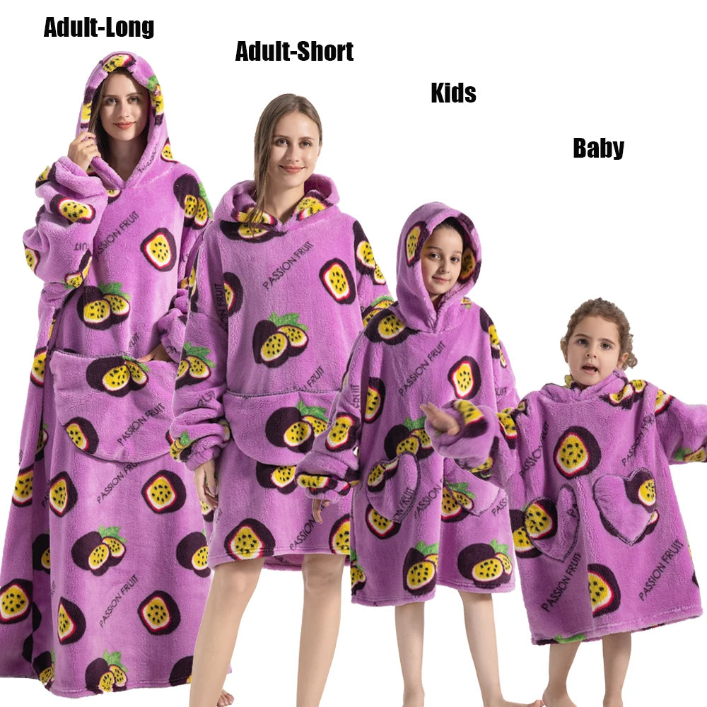 Winter Extra Long Hoodies for Women Homewear Adult Cartoon Sweatshirt Big Pocket Pullover Soft Cosy Wearable Oversized Blankets