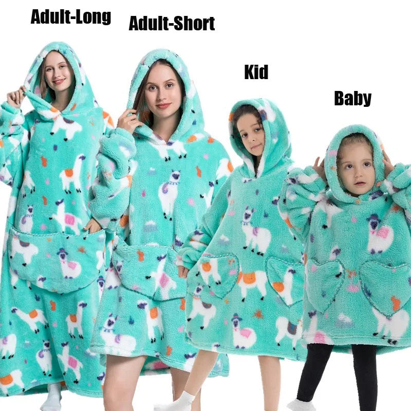 Winter Extra Long Hoodies for Women Homewear Adult Cartoon Sweatshirt Big Pocket Pullover Soft Cosy Wearable Oversized Blankets