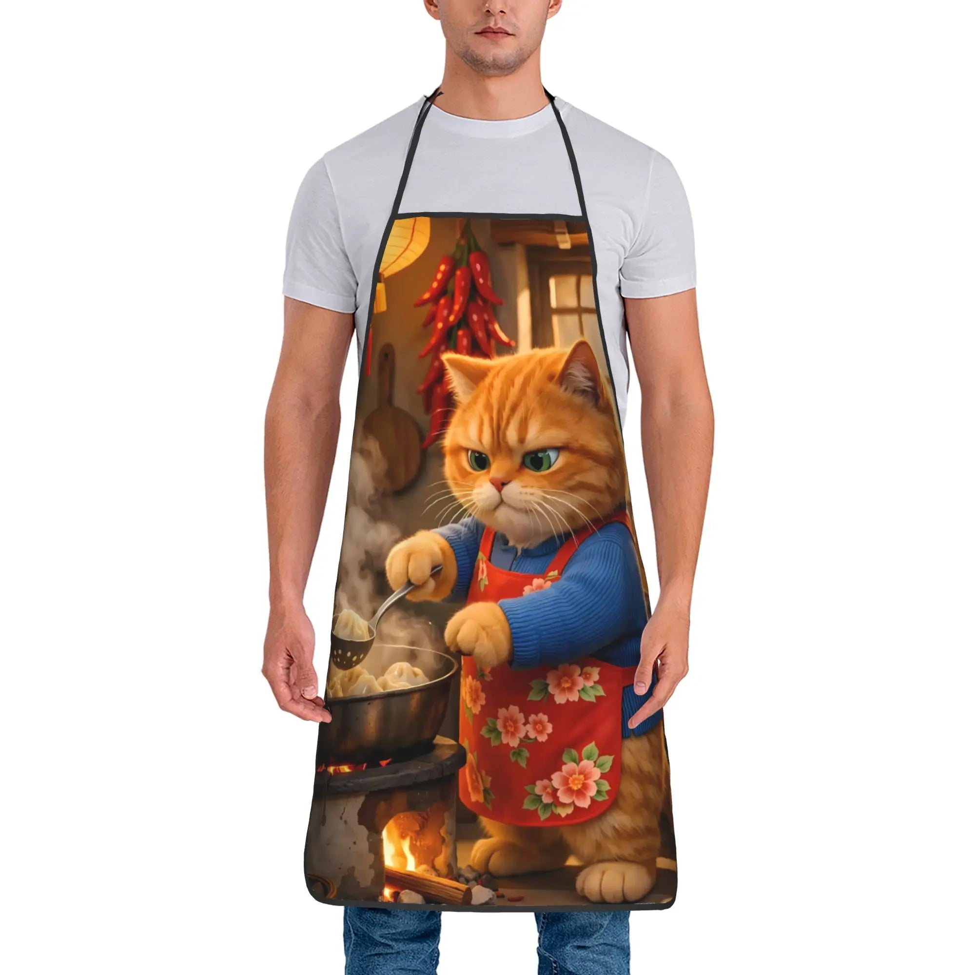Gangsta Chef Cat Cooking Chicken Leg Apron  Barbecue Manicure Kitchen Accessories Cute Household Aprons without Pocket