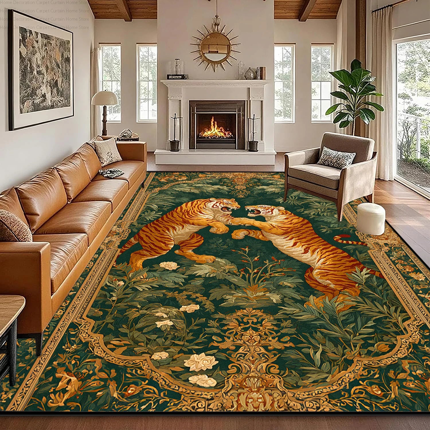 Green Retro Tiger Carpet Traditional Floral Short Velvet Living Room Big Size Rug Soft Non-slip Washable Bedroom Patio Floor Mat