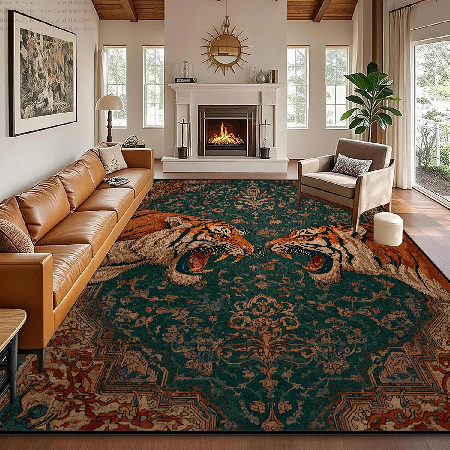 Green Retro Tiger Carpet Traditional Floral Short Velvet Living Room Big Size Rug Soft Non-slip Washable Bedroom Patio Floor Mat