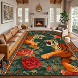 Green Retro Tiger Carpet Traditional Floral Short Velvet Living Room Big Size Rug Soft Non-slip Washable Bedroom Patio Floor Mat