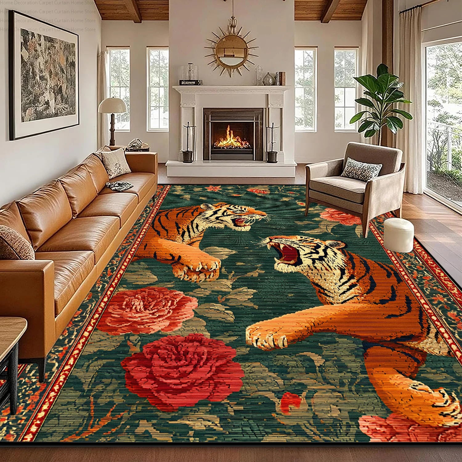 Green Retro Tiger Carpet Traditional Floral Short Velvet Living Room Big Size Rug Soft Non-slip Washable Bedroom Patio Floor Mat