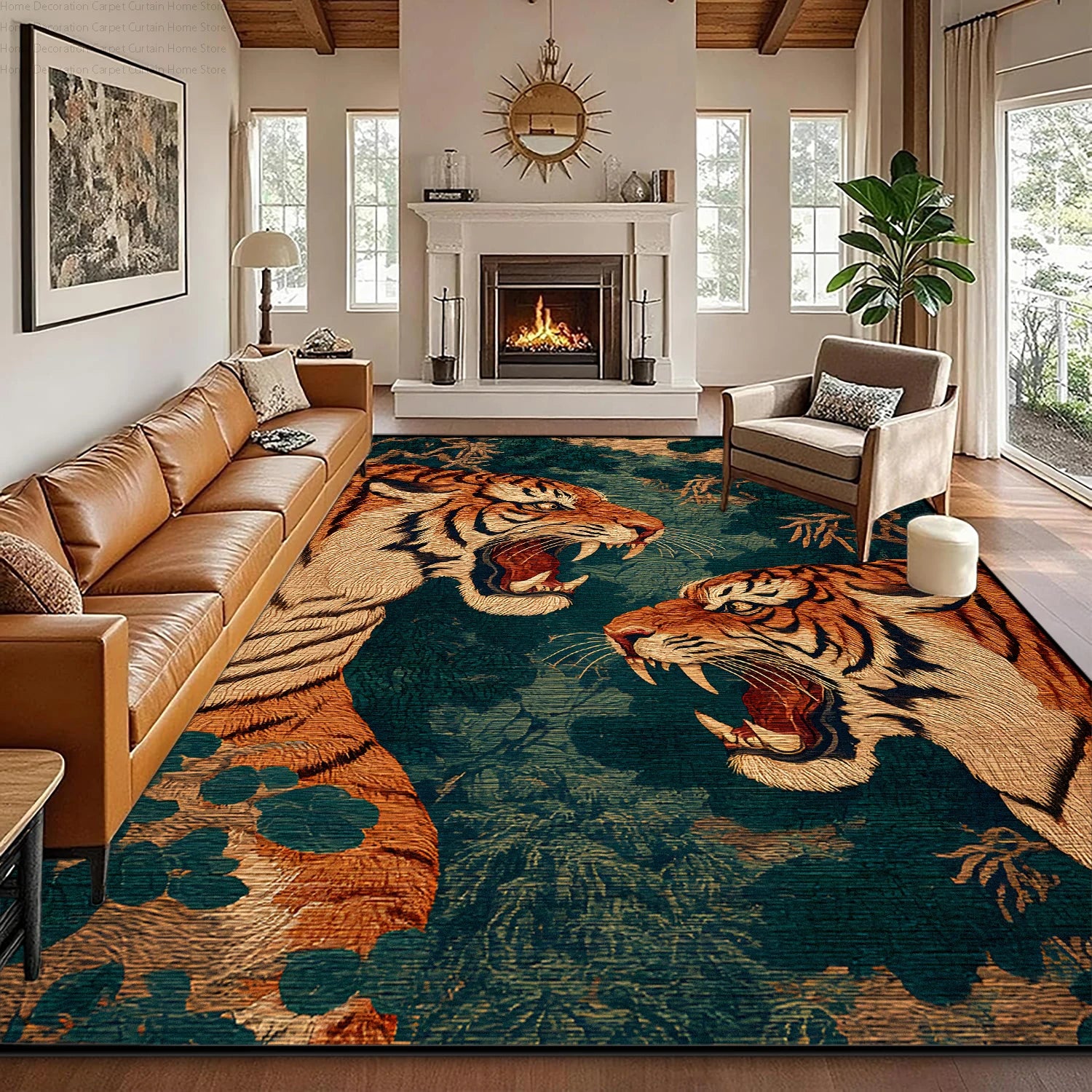 Green Retro Tiger Carpet Traditional Floral Short Velvet Living Room Big Size Rug Soft Non-slip Washable Bedroom Patio Floor Mat