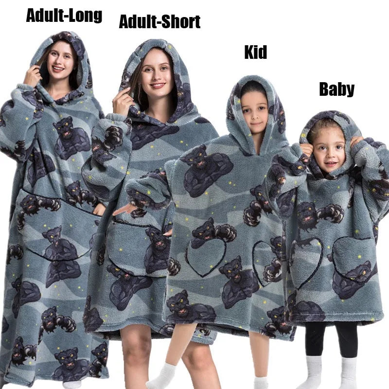 Winter Extra Long Hoodies for Women Homewear Adult Cartoon Sweatshirt Big Pocket Pullover Soft Cosy Wearable Oversized Blankets