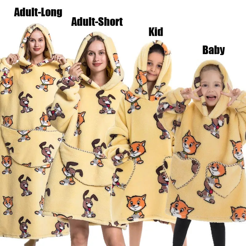 Winter Extra Long Hoodies for Women Homewear Adult Cartoon Sweatshirt Big Pocket Pullover Soft Cosy Wearable Oversized Blankets