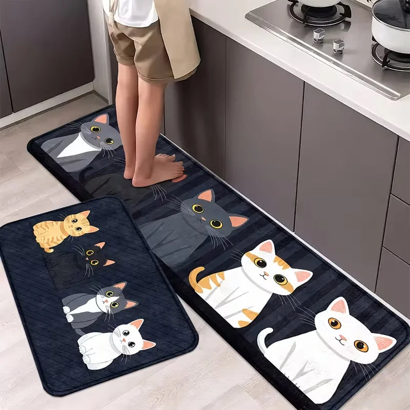 Cat Stripe Cartoon Kitchen Mats Non-Slip Runner Rugs with Playful Cat for Home, Bathroom, and Laundry Room Decor, Bathroom Decor
