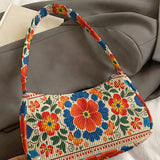 Trendy Mexican Folk Floral Print Shoulder Bag, Corduroy Underarm Bag for Daily Casual Use