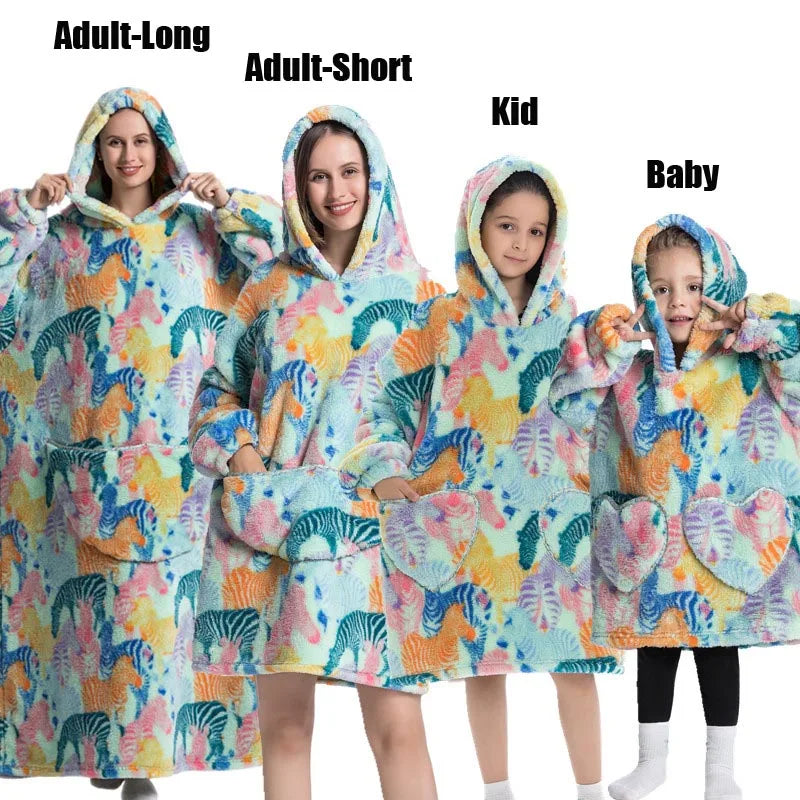 Winter Extra Long Hoodies for Women Homewear Adult Cartoon Sweatshirt Big Pocket Pullover Soft Cosy Wearable Oversized Blankets