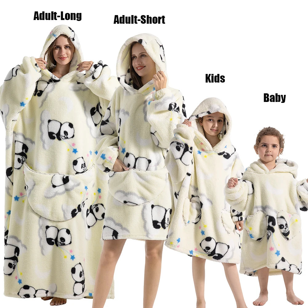 Winter Extra Long Hoodies for Women Homewear Adult Cartoon Sweatshirt Big Pocket Pullover Soft Cosy Wearable Oversized Blankets