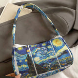 Trendy The Starry Night Print Shoulder Bag, Corduroy Underarm Bag for Daily Casual Use