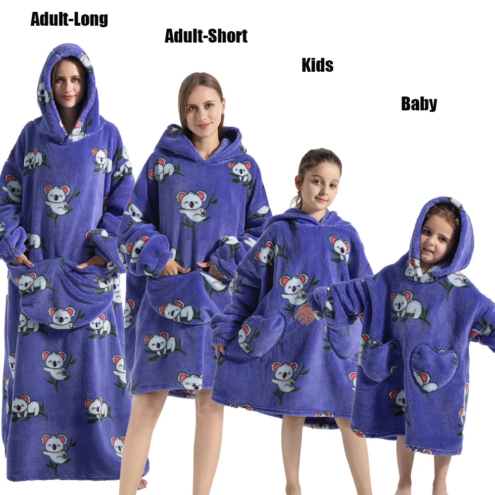 Winter Extra Long Hoodies for Women Homewear Adult Cartoon Sweatshirt Big Pocket Pullover Soft Cosy Wearable Oversized Blankets