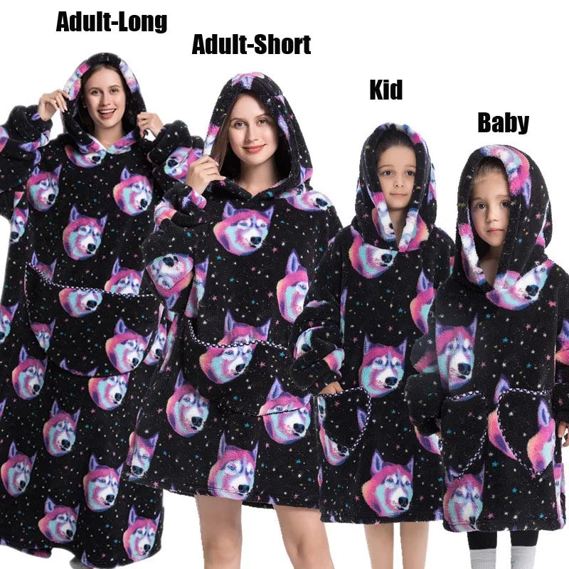 Winter Extra Long Hoodies for Women Homewear Adult Cartoon Sweatshirt Big Pocket Pullover Soft Cosy Wearable Oversized Blankets