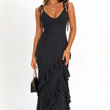 Nevaeh Polka Dot Ruffle Maxi Dress - Black