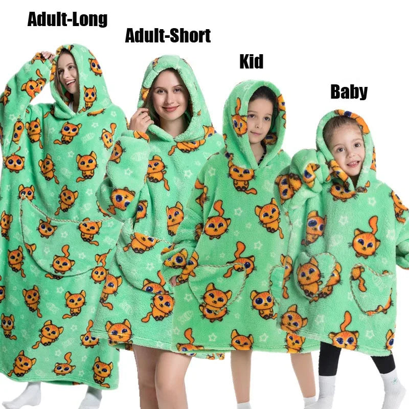 Winter Extra Long Hoodies for Women Homewear Adult Cartoon Sweatshirt Big Pocket Pullover Soft Cosy Wearable Oversized Blankets